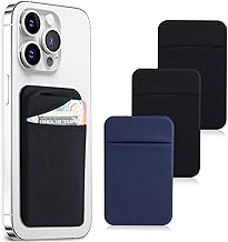 3Pack Cell Phone Card Holder Pocket for Back of Phone,Stretchy Stick on Wallet Credit Card ID Case Pouch Sleeve Self Adhesive Sticker with Flap for iPhone Samsung Galaxy-2Black+1Navy Blue