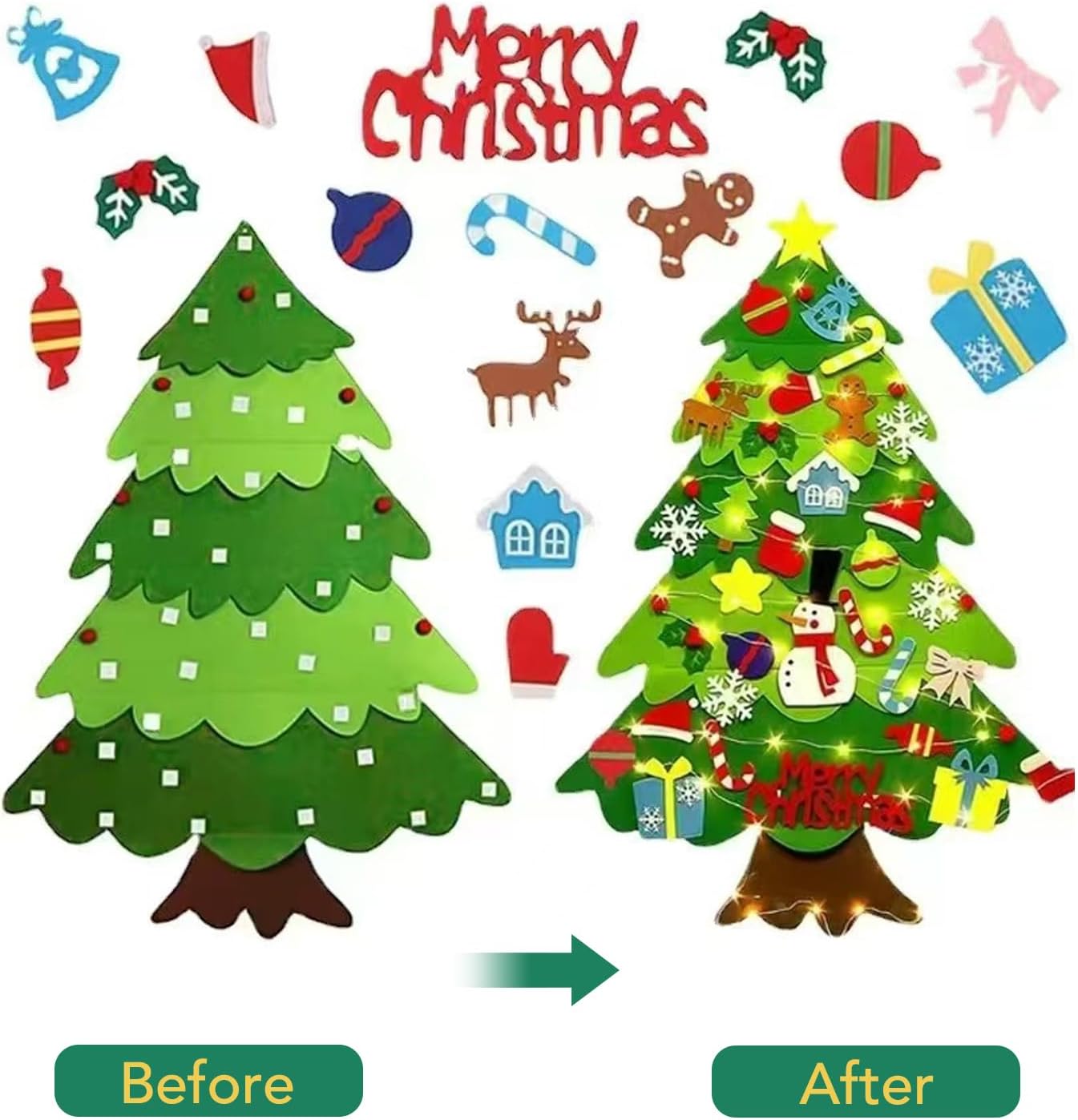 DIY Felt Christmas Tree Set with LED, 3ft Wall Hanging Xmas Tree for Kids, Reusable Felt Christmas Decorations with Detachable Ornaments, DIY Gift for Toddlers and Family Holiday Fun