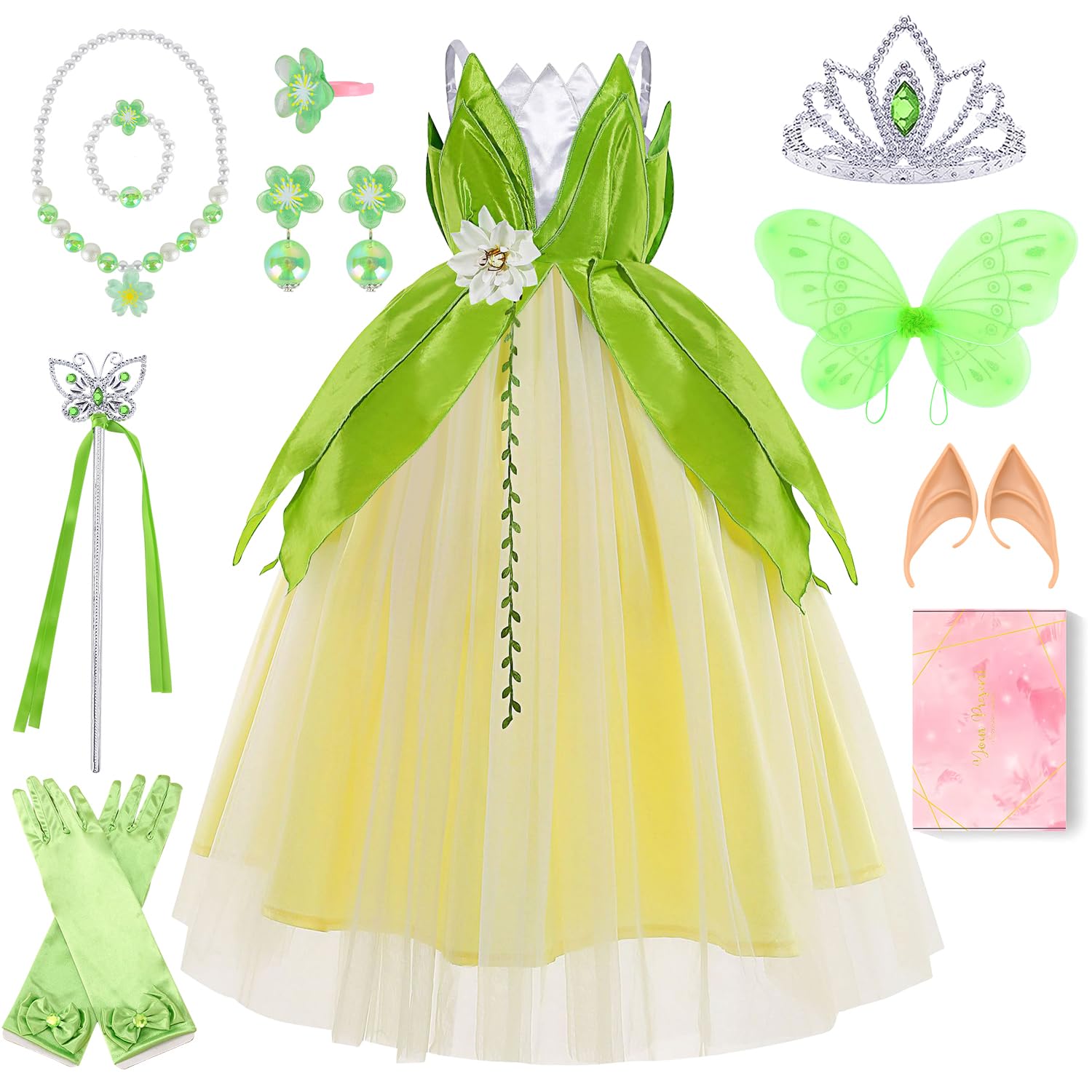Costume Tinkerbell Bambina, Vestito Principessa con Ali, Corona, Bacchetta Magica e Accessori, Costume Tinkerbell Principesse 3-8 Anni per Compleanni, Cosplay, Carnevale e Halloween