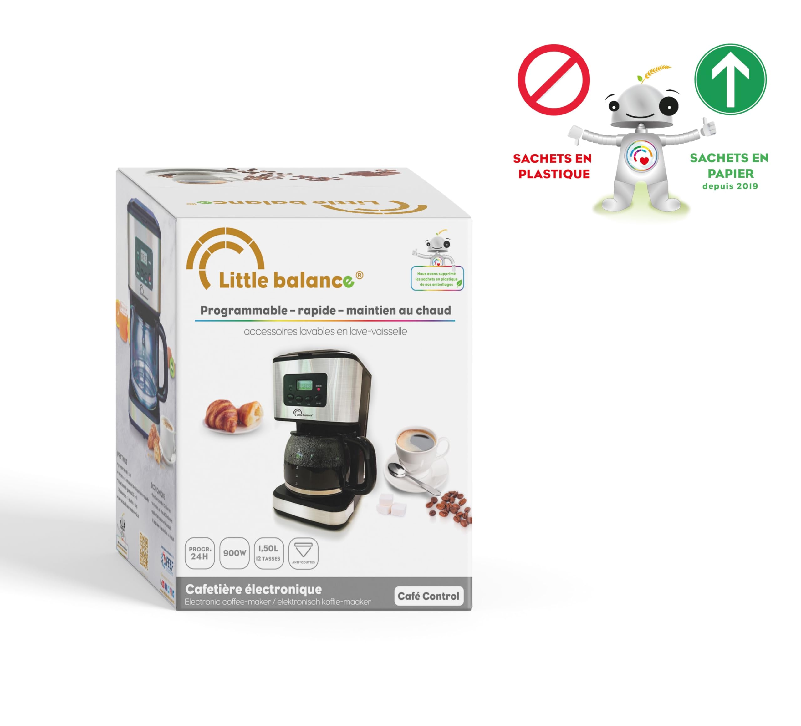 LITTLE BALANCE 8630 Caffè Control, Caffettiera Filtro, Programmabile 24h, Caraffa in vetro, 12 tazze, 900 W, Finiture Inox, Nero