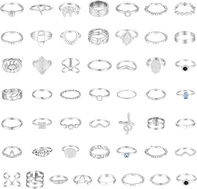 Bestomrogh 50 Pcs Retro Vintage Knuckle Joint Rings Set for Women Girls Silver Pear and Round Cut White Cubic Zirconia Engagement Mid Finger Stackable Rings