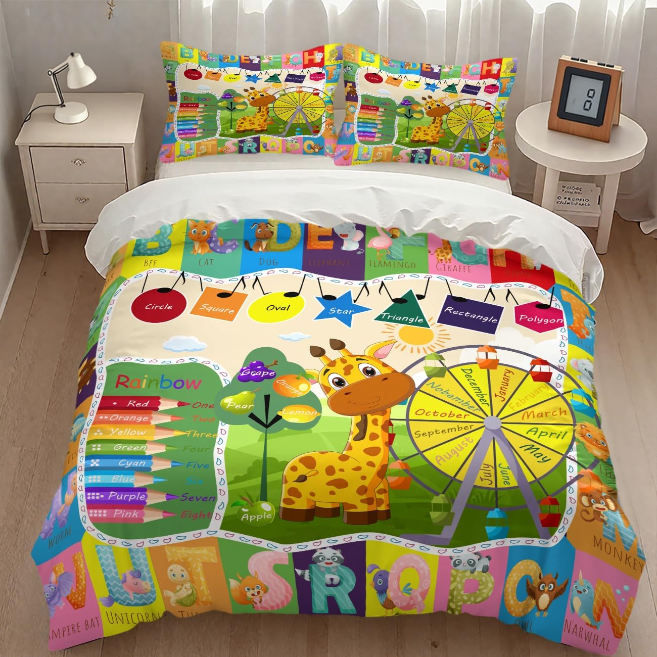 Educational Learning Bedding Duvet Cover Set,Cartoon Animal Giraffe School Education Learning Tools Toddler Baby Alphabet Theme Comforter Set with Pillowcase for Bedroom Bed Decor,Twin 86"x70"