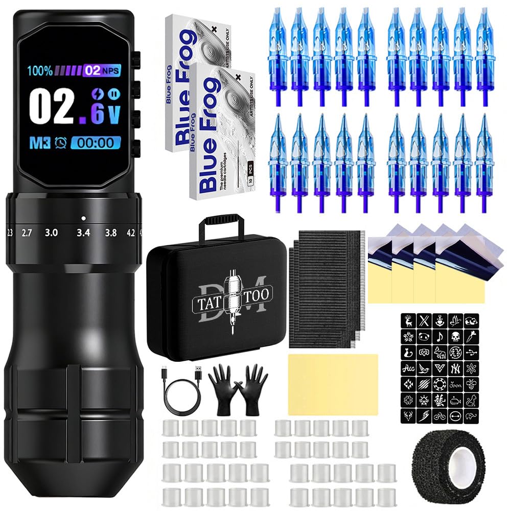 Kit penna per tatuaggi wireless - Macchina rotativa per tatuaggi con corsa regolabile da 2,3-4,5 mm, alimentazione 2200 mAh, uscita 4-12 V, LED,A