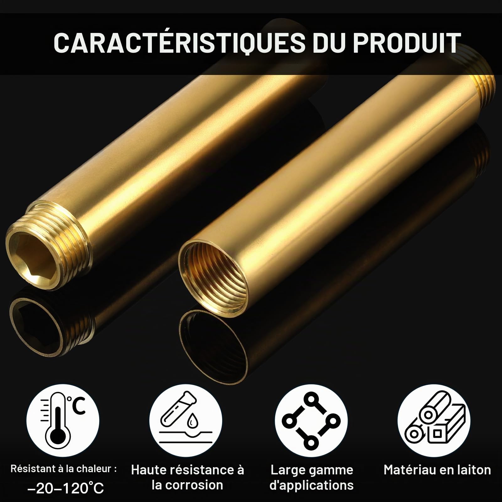 LALAGO 2 Pièces 1/2'' x 100 mm Rallonges de Robinet Fitting en Laiton, Raccord d'Extension DN15, Laiton Rallonge Filetée IG x AG pour Installation de Chauffage et d'Eau Potable