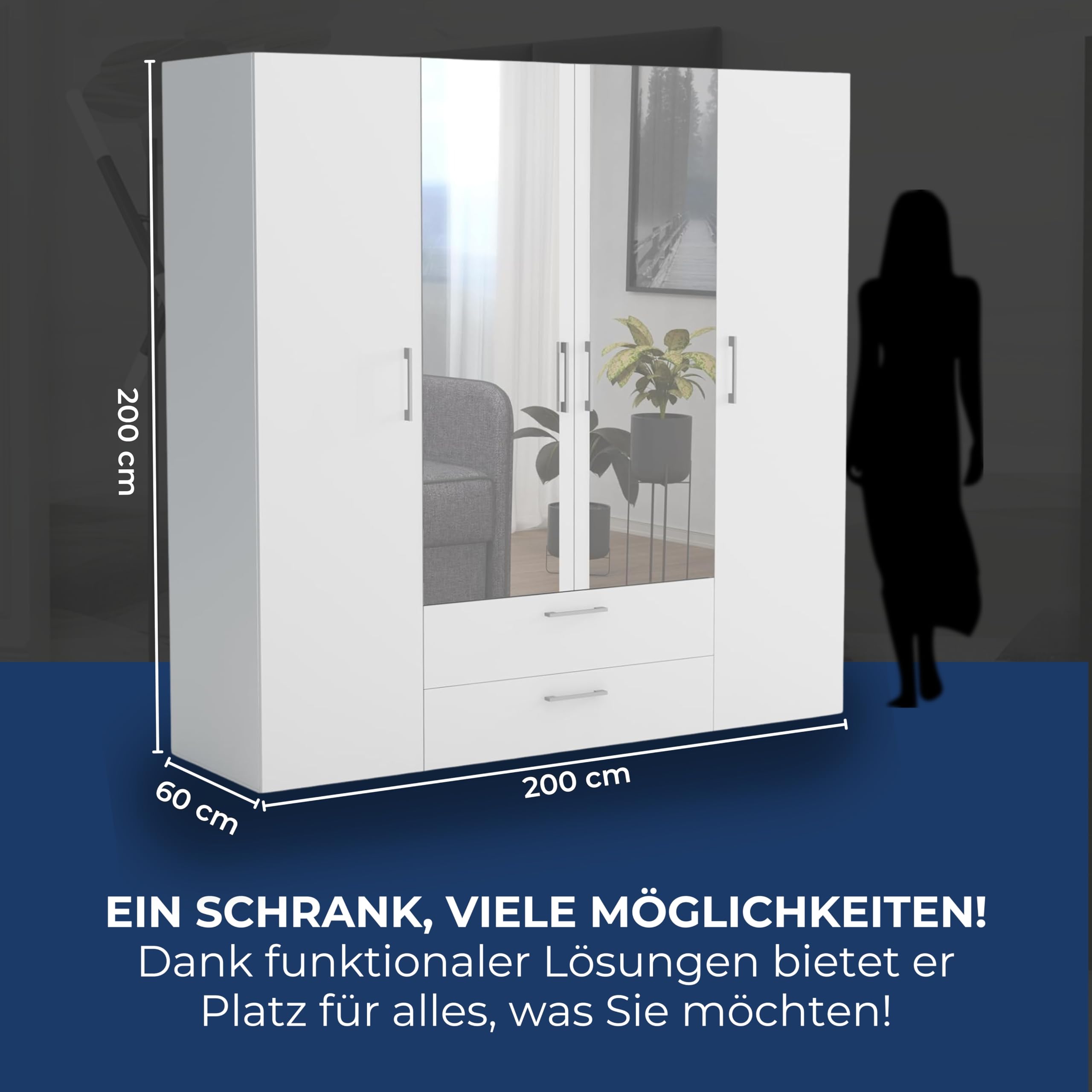 Brent - Kleiderschrank mit Spiegel, Garderobenschrank (BxHxT) 200x200x60 cm, Schrank mit Türen, Schlafzimmerschrank mit Regalen - Grau