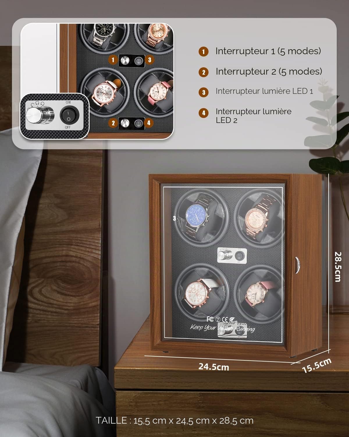 Mxmoonant Remontoir Automatique pour 4 Montres en Bois et Cuir 5 Modes de Rotation avec Moteur Silencieux alimenté par USB avec lumière LED pour Montres automatiques Stockage