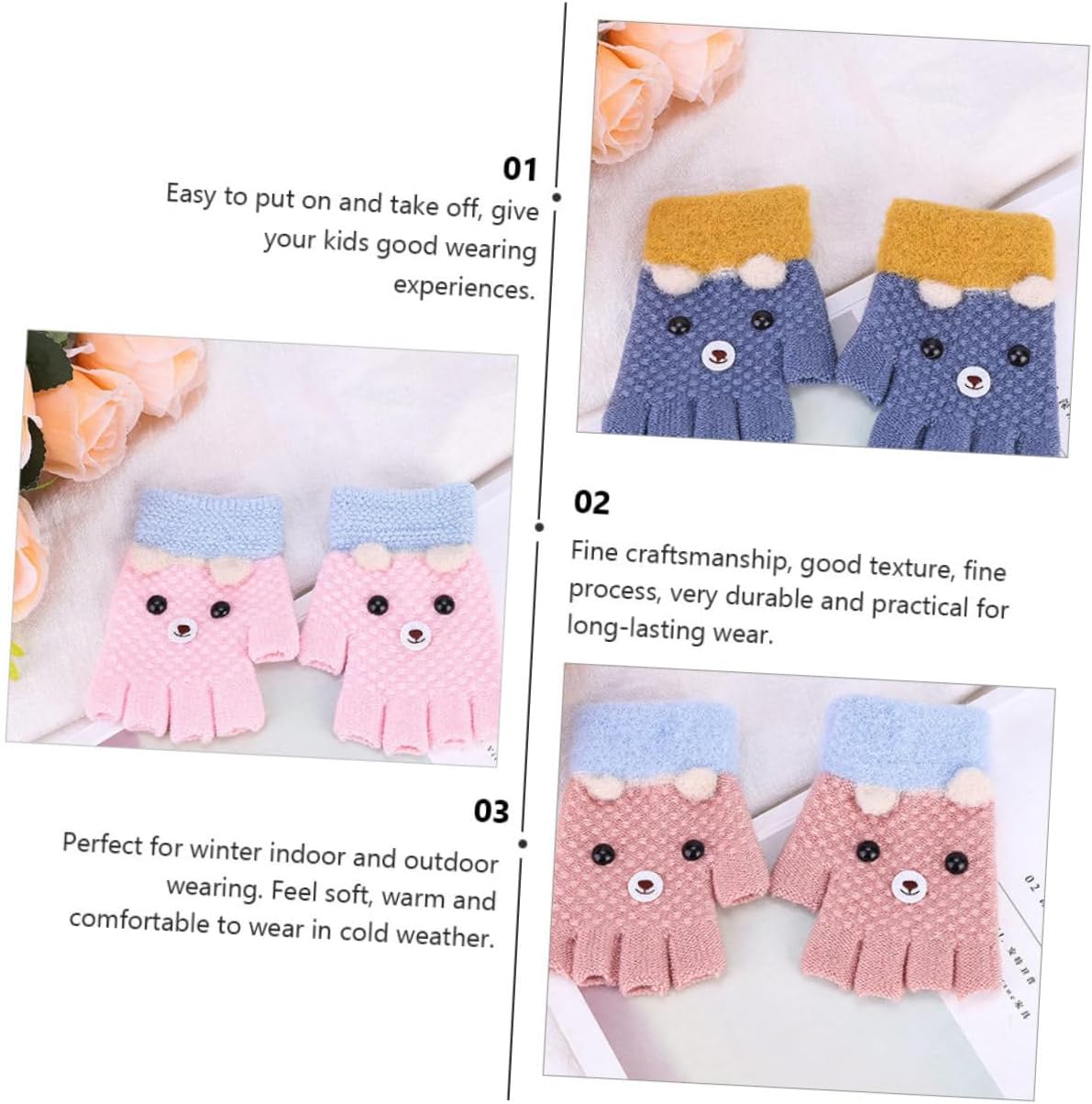 LIFKOME 4 Pairs Warm Half Finger Gloves, Knitted Fingerless Gloves Cartoon Embroidery, Soft Knit Winter Warmers for Boys and Outdoor Activities Random Color
