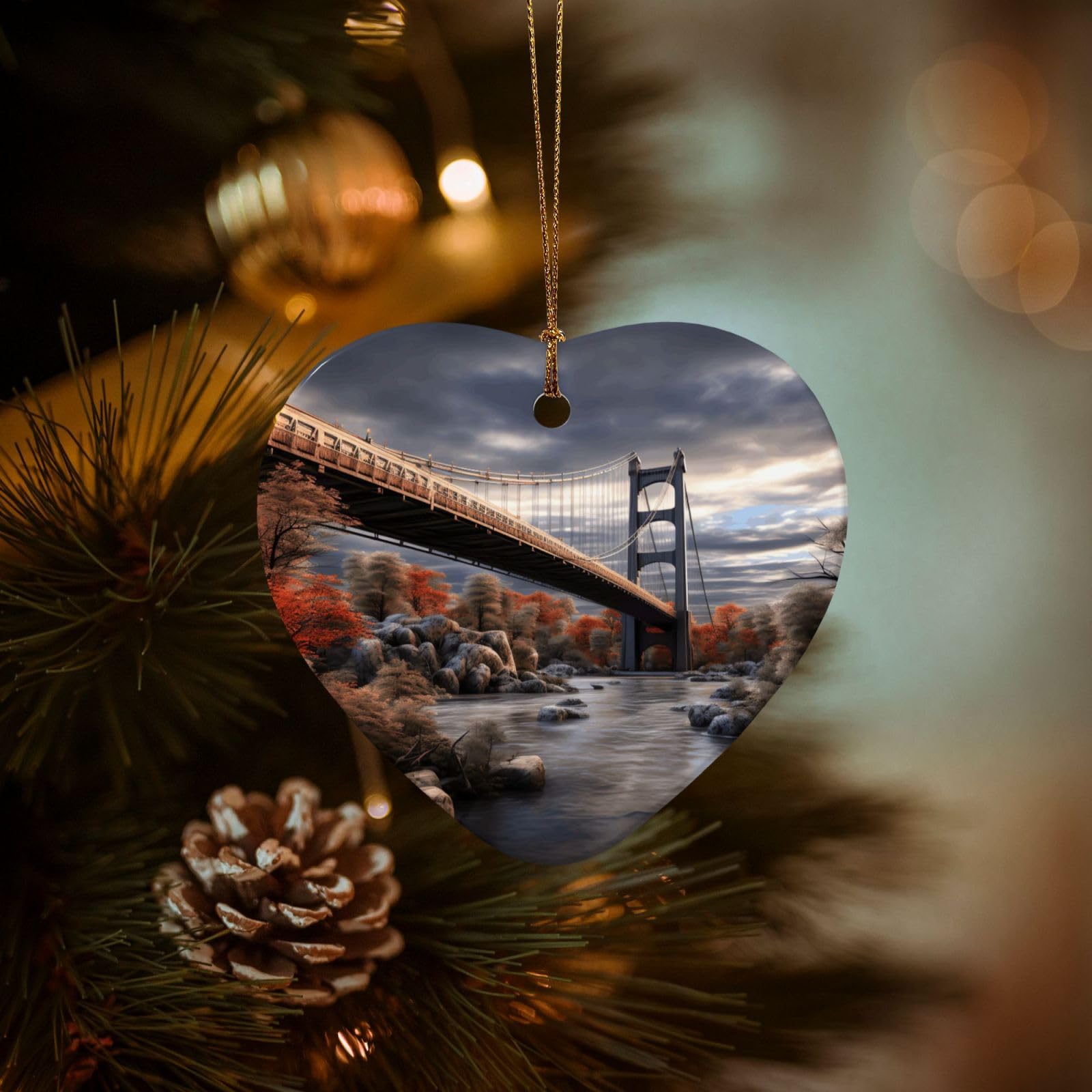 Christmas Ornaments for Christmas Tree Decoration Hanging Scenery Bridge Ornament with Gold Ribbon Crafts Heart Shape Ceramic Pendant for Keepsake Gifts Xmas Decor Party Supplies