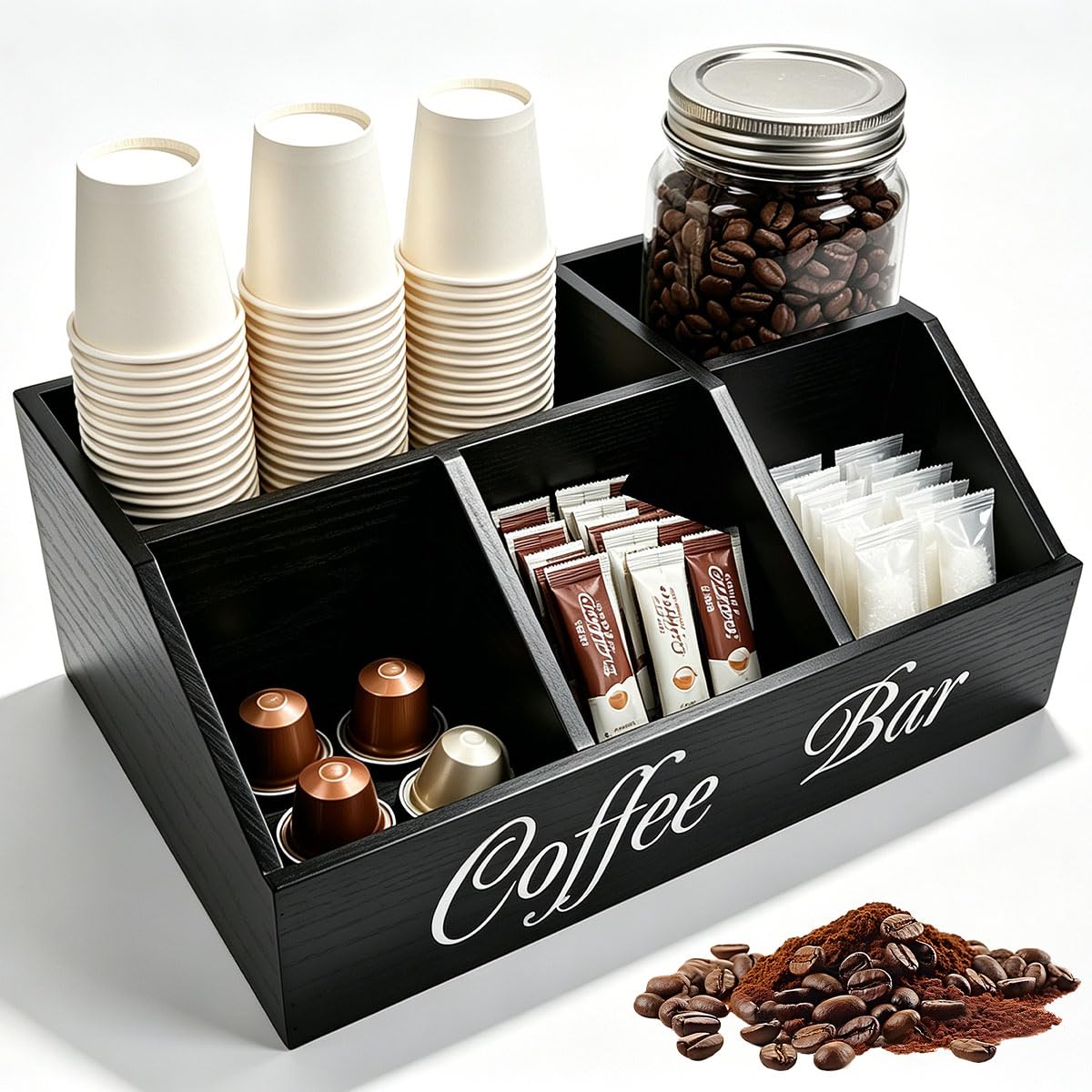 Organizador de Café y Té de Madera de Tung con 5 Compartimentos Estación de Condimentos de Café 30x19,5x12cm Rincon del Cafe para Ordenar Vasos Cucharas Capsulas Azucar con Base Antideslizante