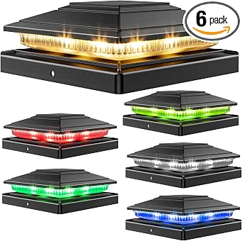 JOFIOS Solar Post Cap Lights Outdoor 6pack, Waterproof Fence Post Solar Lights for 4x4 5x5 6x6 Wood/Vinyl Posts,9 Color and 3 Modes, Black Deck Post Lights Solar Decorate Garden Patio Porch Backyard