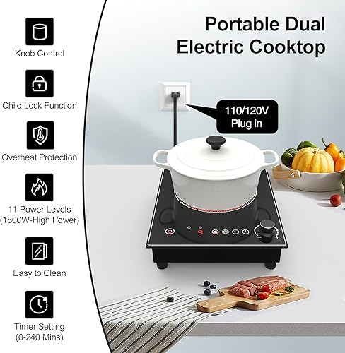 Miniatura 2 de Cocina eléctrica, estufa eléctrica de 1800 W con control táctil LED y perilla, estufa eléctrica de un solo quemador L9 niveles de potencia, bloqueo