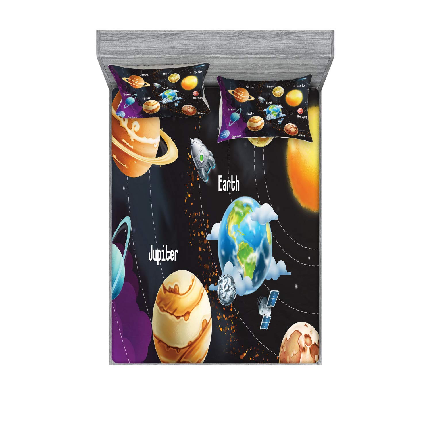 Ambesonne Outer Space Fitted Sheet & Pillow Sham Set, Solar System of Planets Milky Way Neptune Venus Mercury Sphere Illustration, Decorative Printed 3 Piece Bedding Decor Set, Calking, Maroon