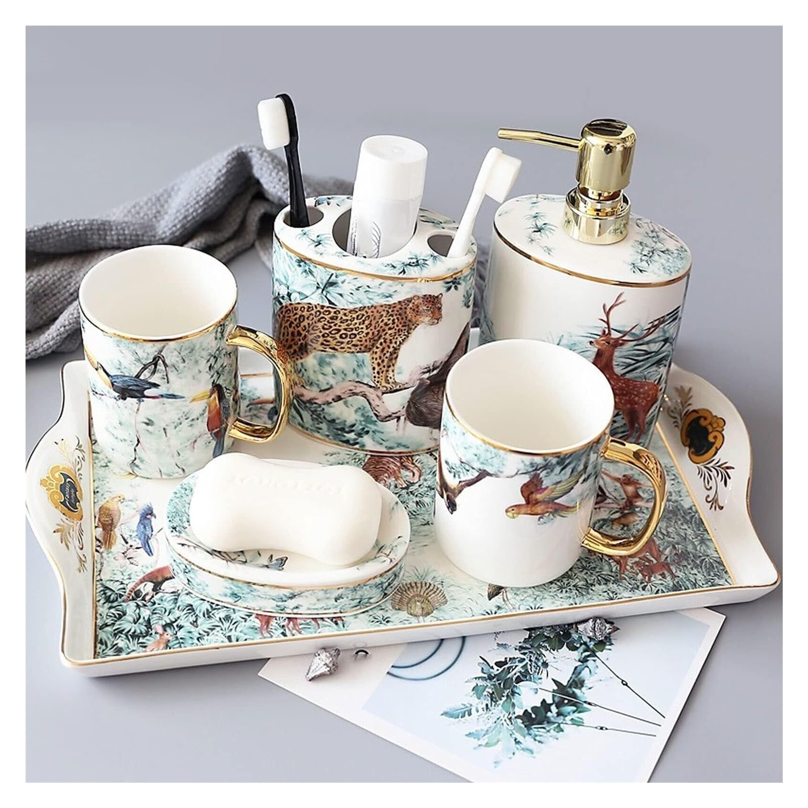 Zestaw akcesoriów łazienkowych, 6-częściowy, z motywem zwierzęcym, ceramiczny, półka do kuchni, do gorących gospodarstw domowych, rustykalna dekoracja