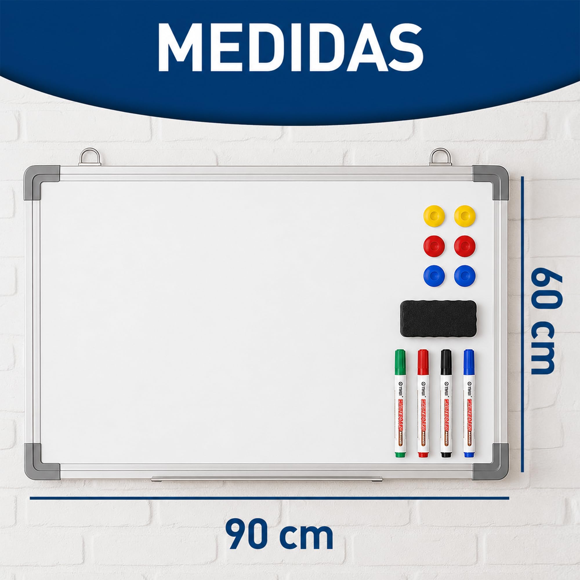 Bluelander Tablica magnetyczna, tablica magnetyczna 90 x 60 cm do suchościeralnego, łącznie z piórem, gumką, zestawem instalacyjnym i akcesoriami, doskonały rozmiar 90 x 60 cm, aluminiowa rama