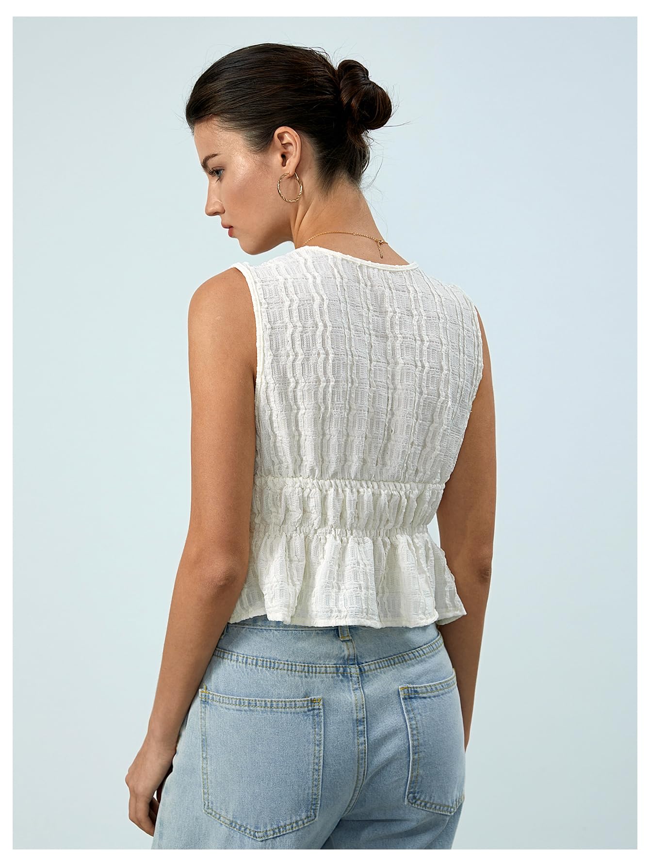 MakeMeChic Women's Tie Front V Neck Tank Top Bow Sleeveless Ruffle Hem Crop Tops