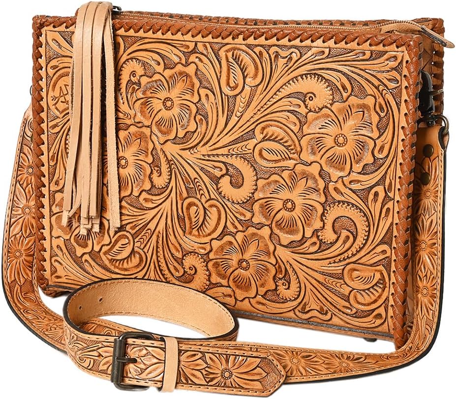 American Darling Western Hand-Tooled Leather Crossbody Bag – Genuine Floral Carved Women’s Purse with Strap and Fringe Detail