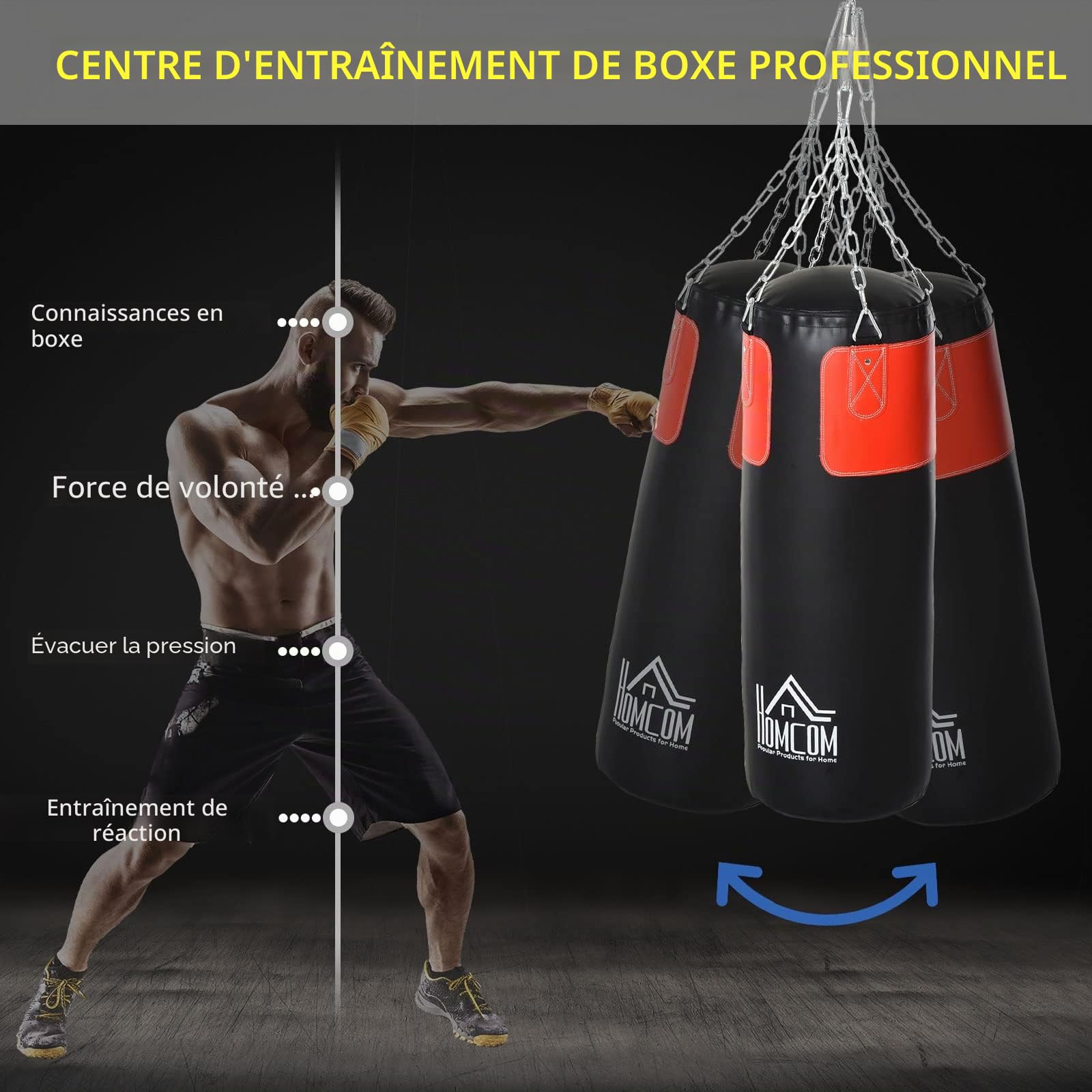 HOMCOM Ensemble sac de frappe Ensemble de boxe avec gants de boxe Rempli Ensemble pour adultes adolescents Hanging Boxing Heavy Bag 16 KG Ø30 x 120 cm Noir+Rouge