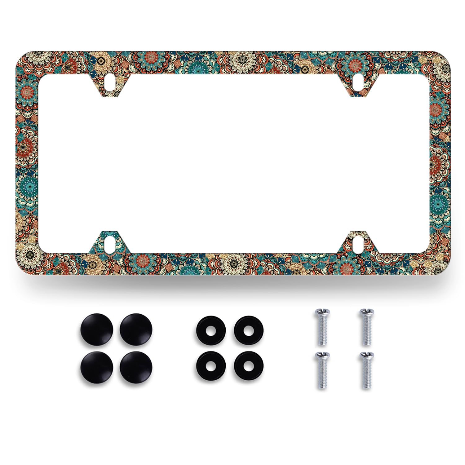 Vintage Mandala Flowers License Plate Frame Boho Floral License Plate Holder Funny License Plate for Car Decoration Stainless