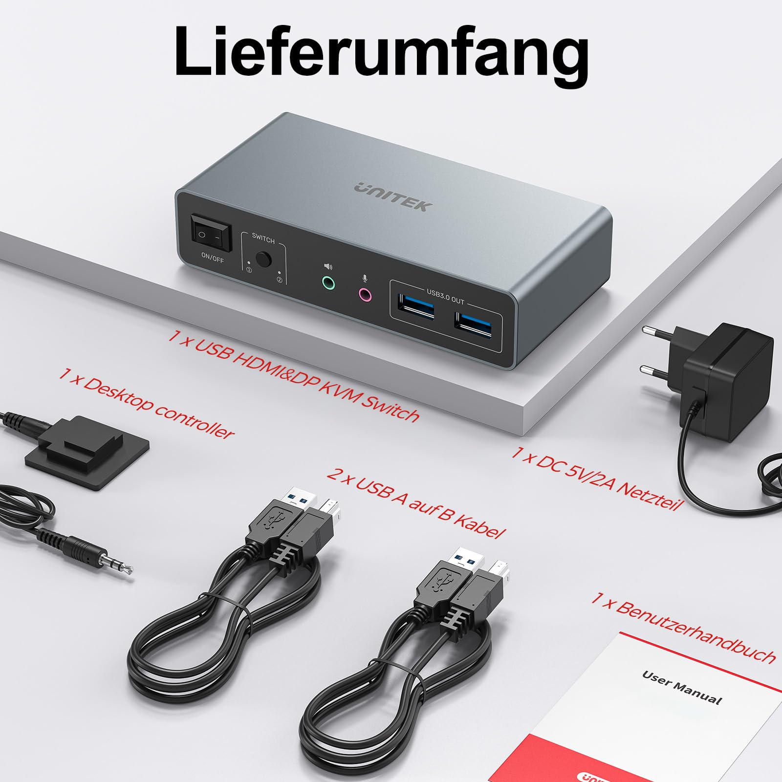 Unitek KVM Switch für 2 Monitore und 2 Computer 4K@60Hz HDMI Displayport KVM-Switcher 3 USB-Ports für gemeinsame Nutzung von Tastatur Maus Mikrofon Headset-Anschlüsse 2 USB-B-Kabel 5V DC