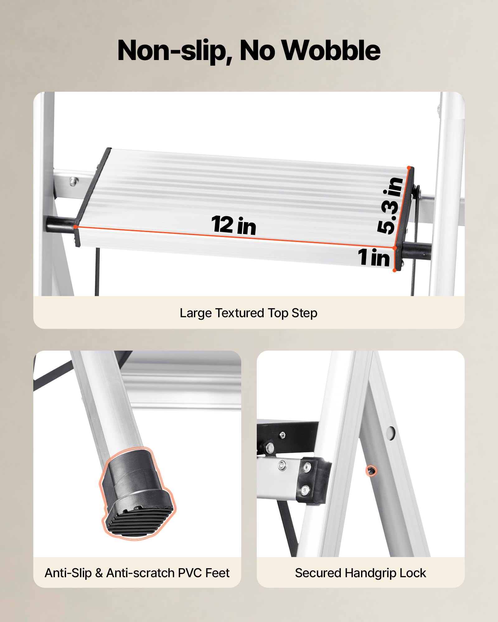 VEVOR Escalera de Aluminio Plegable 5 Peldaños, Escalera de Tijera con Pedal Antideslizante y Empuñadura Cómoda, Capacidad de 150 kg, Taburete Multifuncional para Cocina, Almacén, Hogar, Oficina