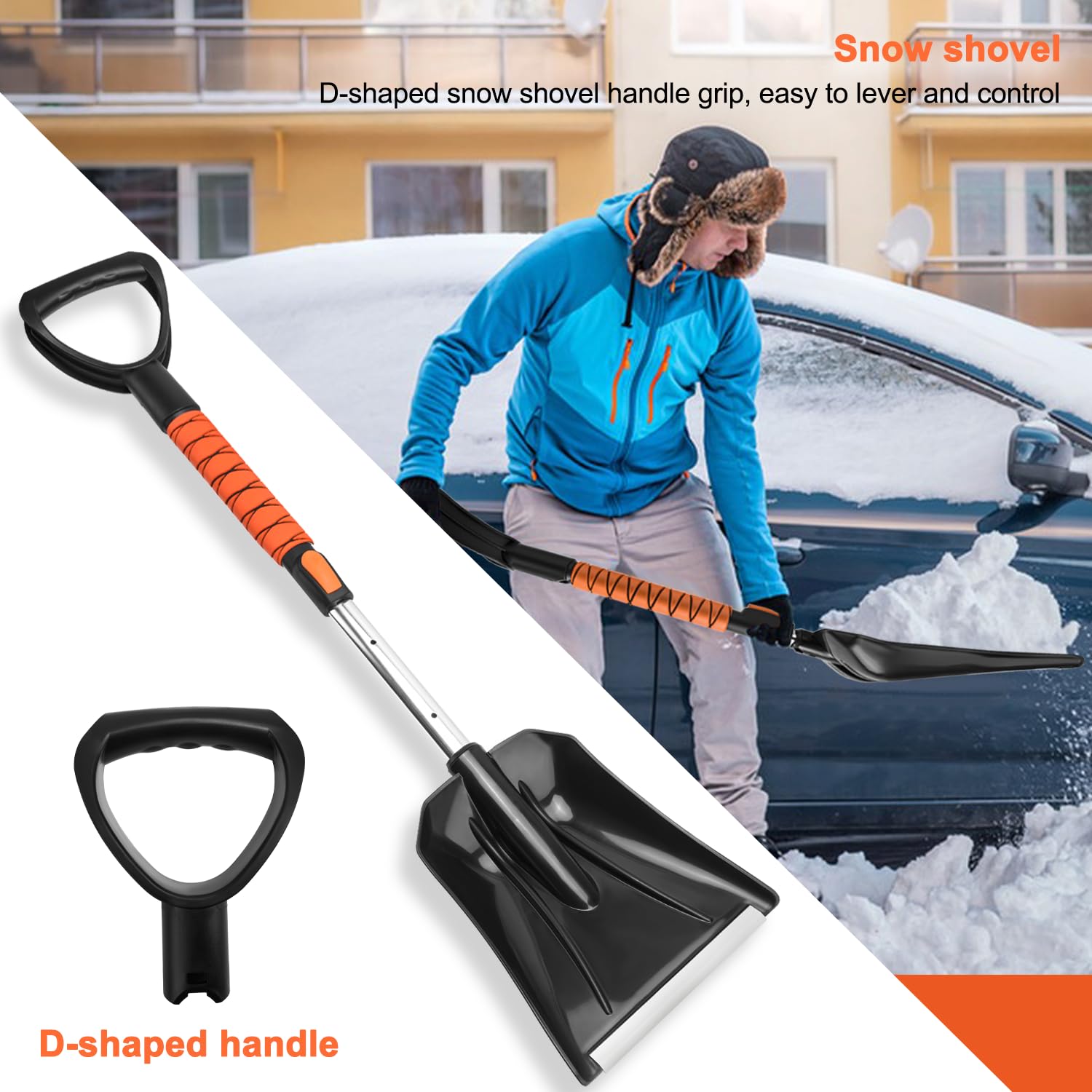 Auto Schneebesen und Schaufel Kit, 106,7 cm ausziehbarer Eiskratzer mit 180° schwenkbarem Kopf & ergonomischem Griff – 99,1 cm zusammenklappbare Notfall-Schneeschaufel für Auto, SUV, LKW
