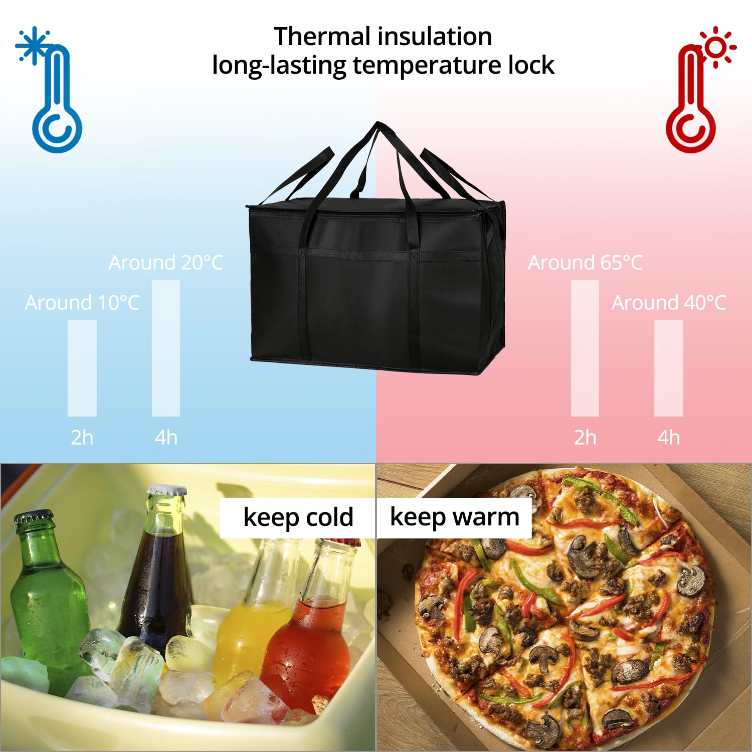 QWORK® Bolsa termica Porta Alimentos 58 * 35 * 38cm, Mantiene la Comida fría/Caliente, Ideal para Pizza, latas de Cerveza y Entrega de Comida