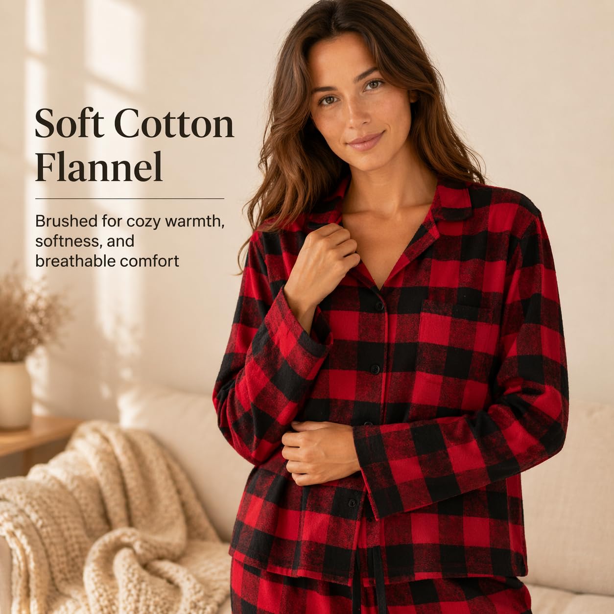 Conjunto de Pijama Tejido de Franela para Mujer 100% Algodón Juego de Ropa de Dormir a Cuadros Manga Larga con Bolsillos