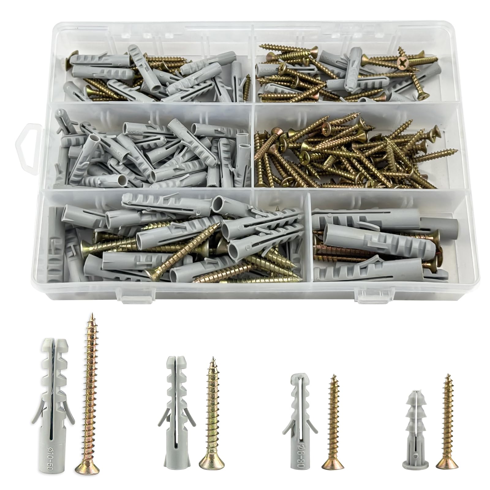 212 Pcs Screws and Wall Plugs Set, Raw Plugs, Rawl plugs assorted M5/M6/M8/M10, Wall plugs for Brick Masonry