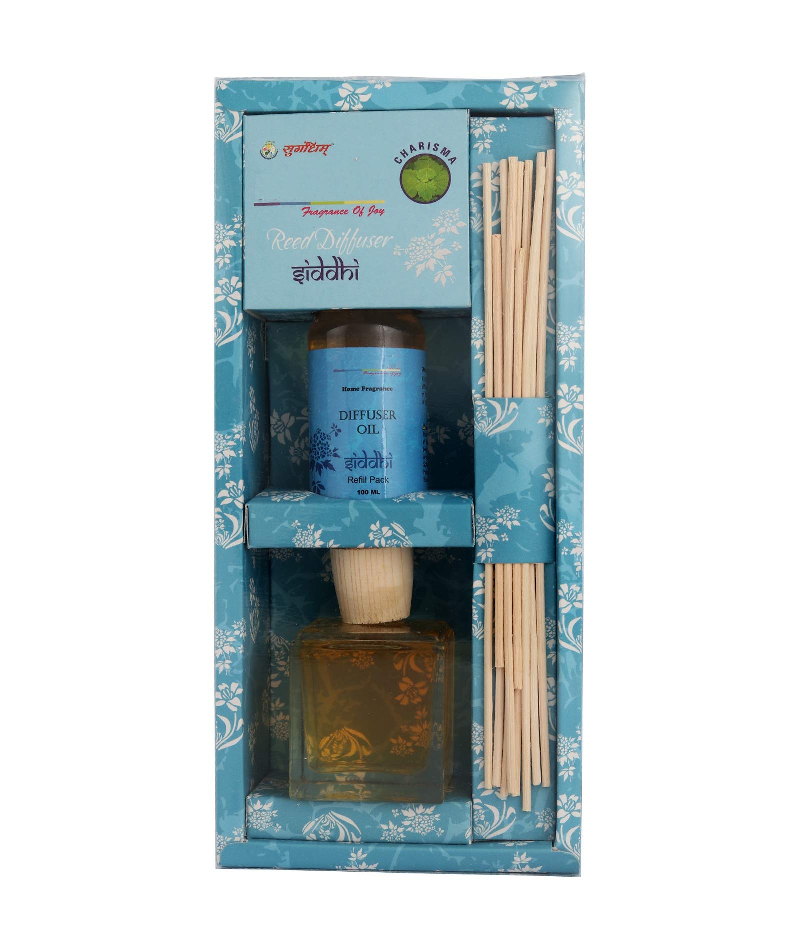 Sugandhim Anandin Reed Diffuser Set Siddhi Charishma, 1x 100ml, 1x 100ml Refill Oil & 10 Reed Sticks, Non Alcoholic, Ideal Gifting Set, Chemical Free, Woody, Musky, Wet Grass, Eco Friendly,