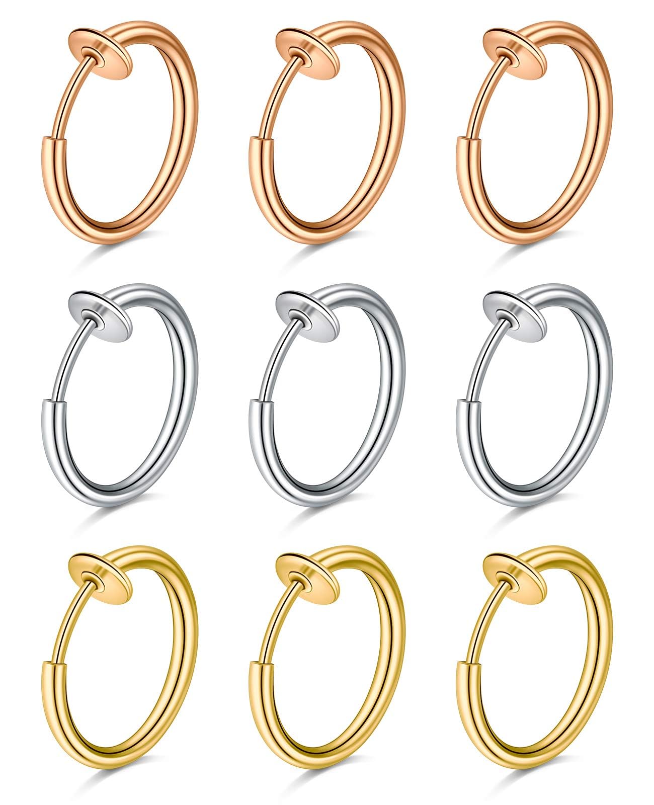 FECTAS 9pcs Falso Nariz Labio Pendientes de Oreja Anillo Aro Acero Inoxidable no Perforado Clip Piercing Cuerpo Joyería