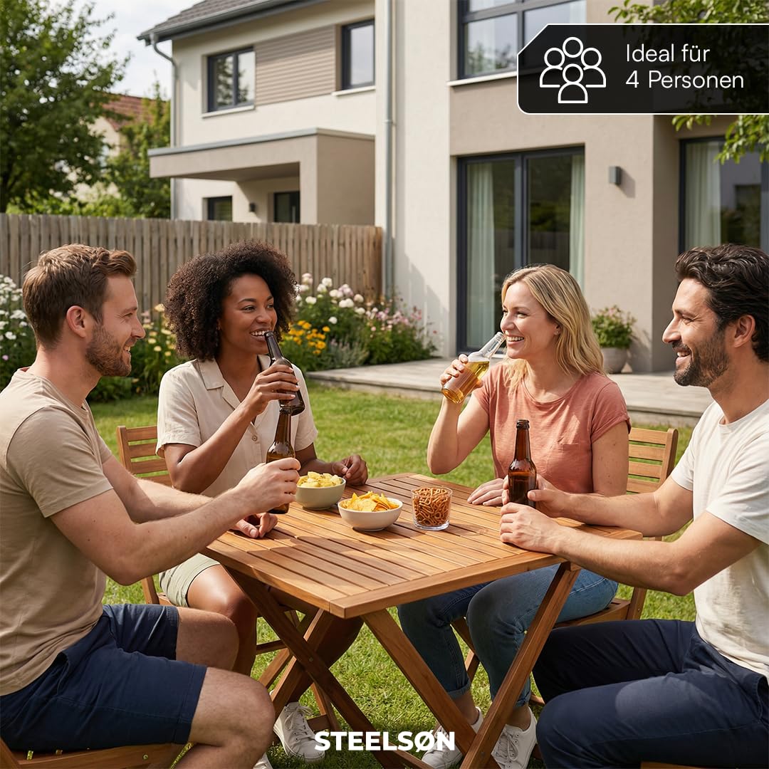 STEELSØN Lystra Gartentisch – Balkontisch 70x70 cm aus Akazienholz geölt – Klapptisch wetterfest bis 80 kg belastbar – Esstisch Garten klappbar – Outdoor-Tisch klein – Holztisch Terrasse – Gartenmöbel