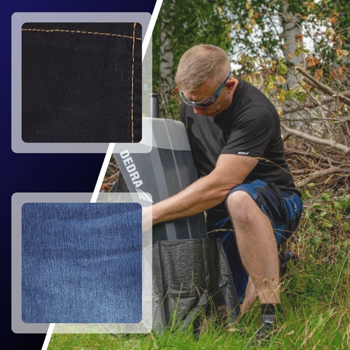 Dedra Jeans-Shorts, Kurze Arbeitsjeans, Denim-Shorts, Gewebegewicht 280 g/m², Slim-Fit-Design, Funktionale Schwarze Taschen - Zwei mit Klettverschluss, Einsätze aus elastischem Material, Metallknopf