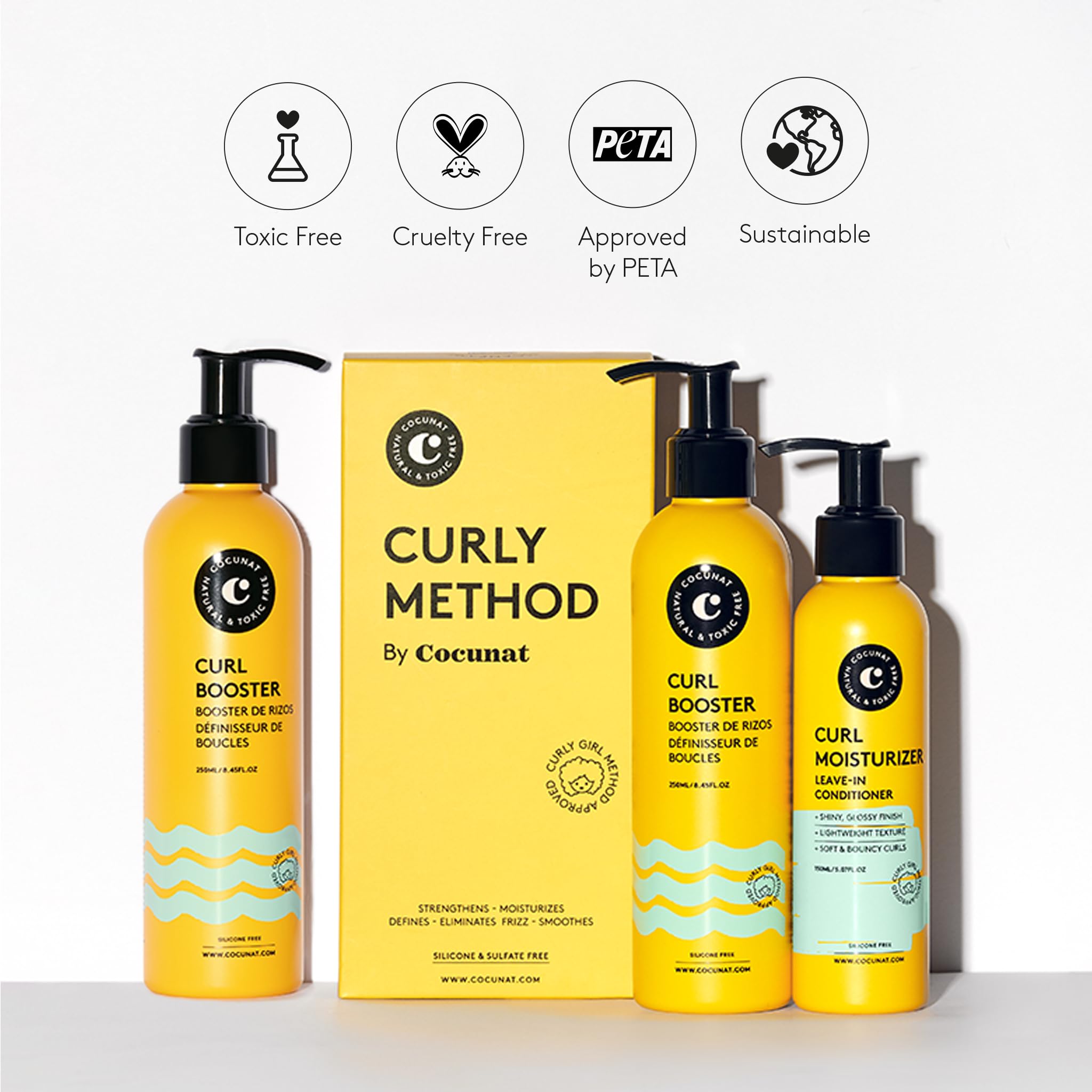 COCUNAT Curly Essentials Leave-In + 2 Booster Método Curly | Acondicionador sin aclarado + 2 geles definidores. Rizos profesionales en 2 pasos. Toxic Free, sin siliconas ni sulfatos.