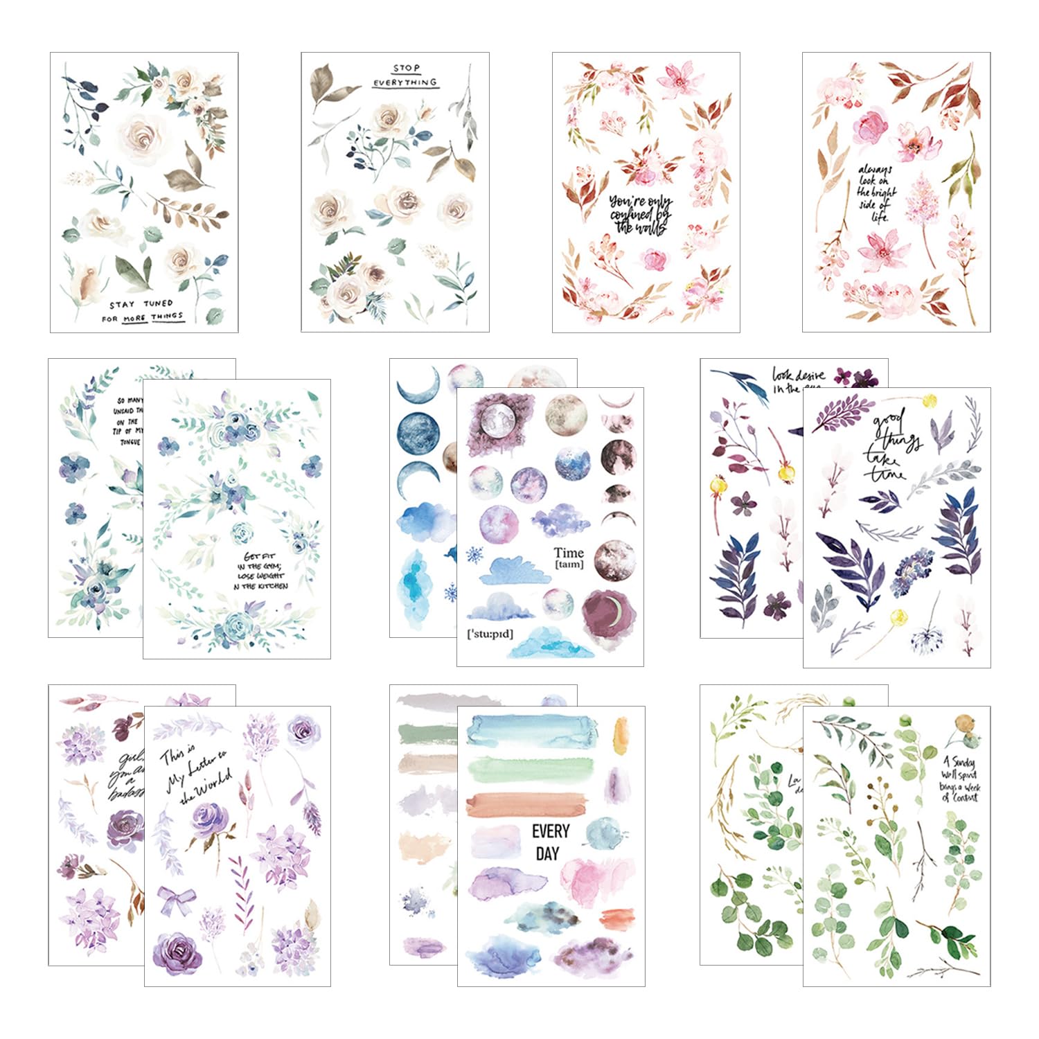 16 hojas de pegatinas coloridas para plantas, pegatinas de flores, pegatinas decorativas de bricolaje, pegatinas impermeables y duraderas, adecuadas para manualidades, diarios, álbumes de fotos, etc.