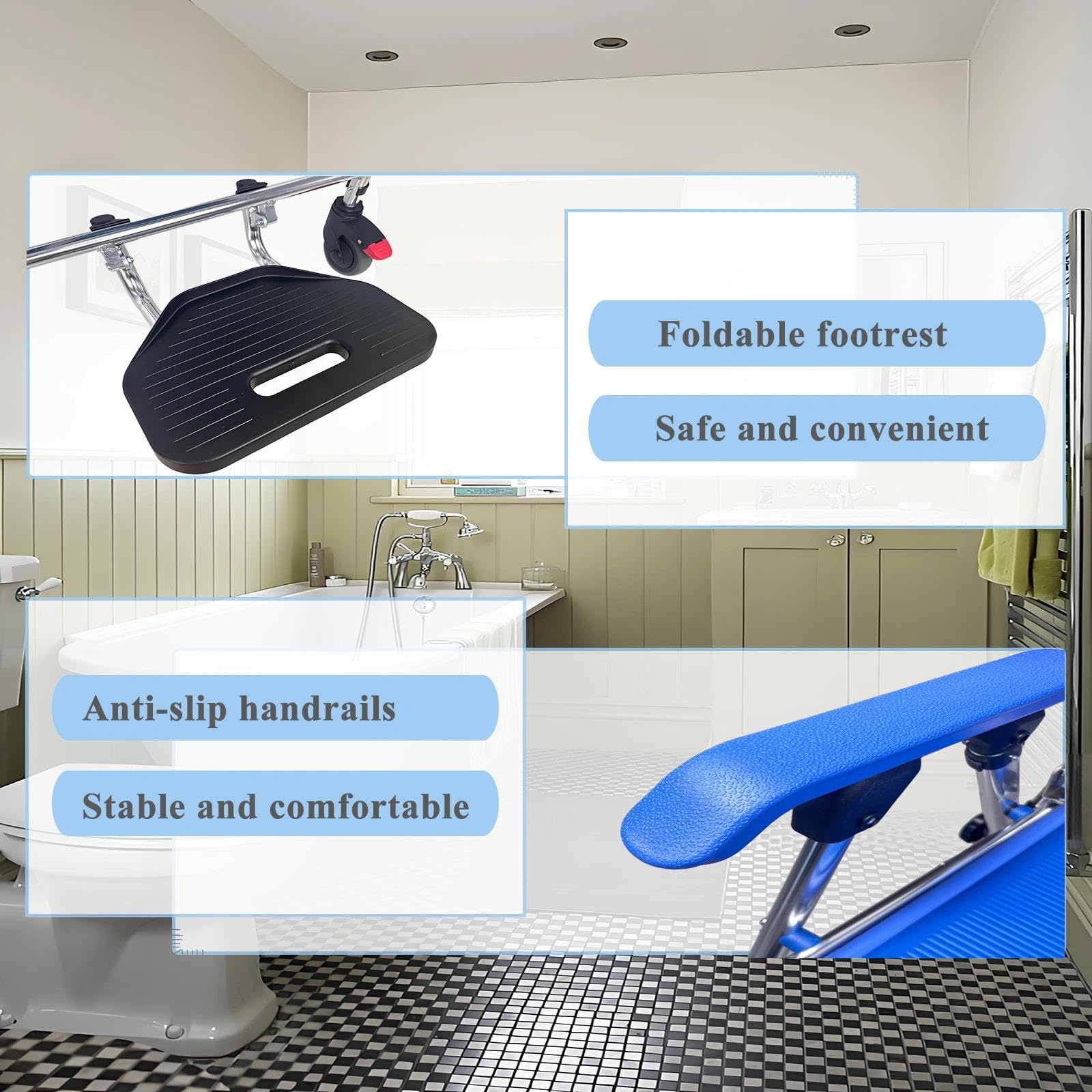 Silla Ducha con Ruedas para Personas Mayores, Azul Silla Ducha Plegable WC Portátil, 4 en 1 Silla con Inodoro Incorporado y 4 Ruedas de Bloqueo para Adultos, Capacidad de 150kg