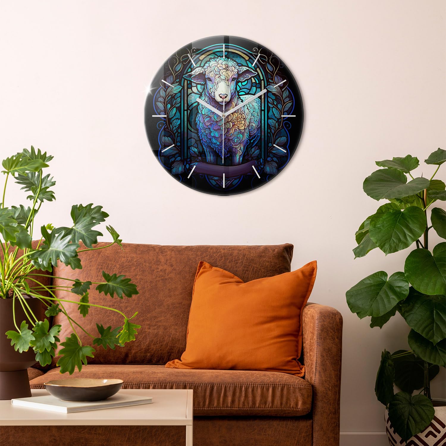 Sacroarte 60cm Orologio da parete In vetro Orologio lancette bianche - Vetrata con le pecore di Dio