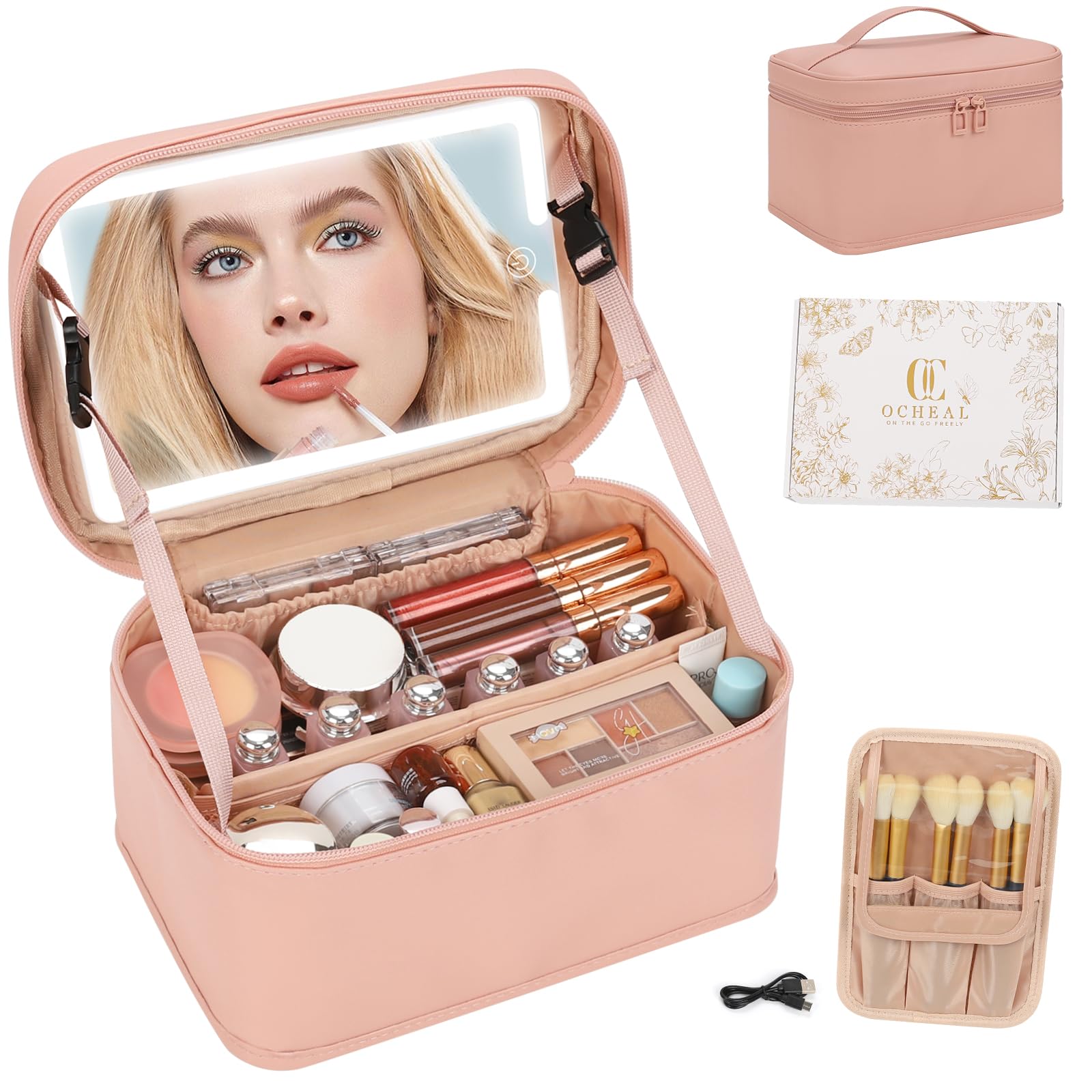 Beauty case con specchio a LED, borsa da viaggio leggera con 3 impostazioni di colore, specchio luminoso, organizer per trucchi da donna, accessori per strumenti di bellezza, custodia ricaricabile