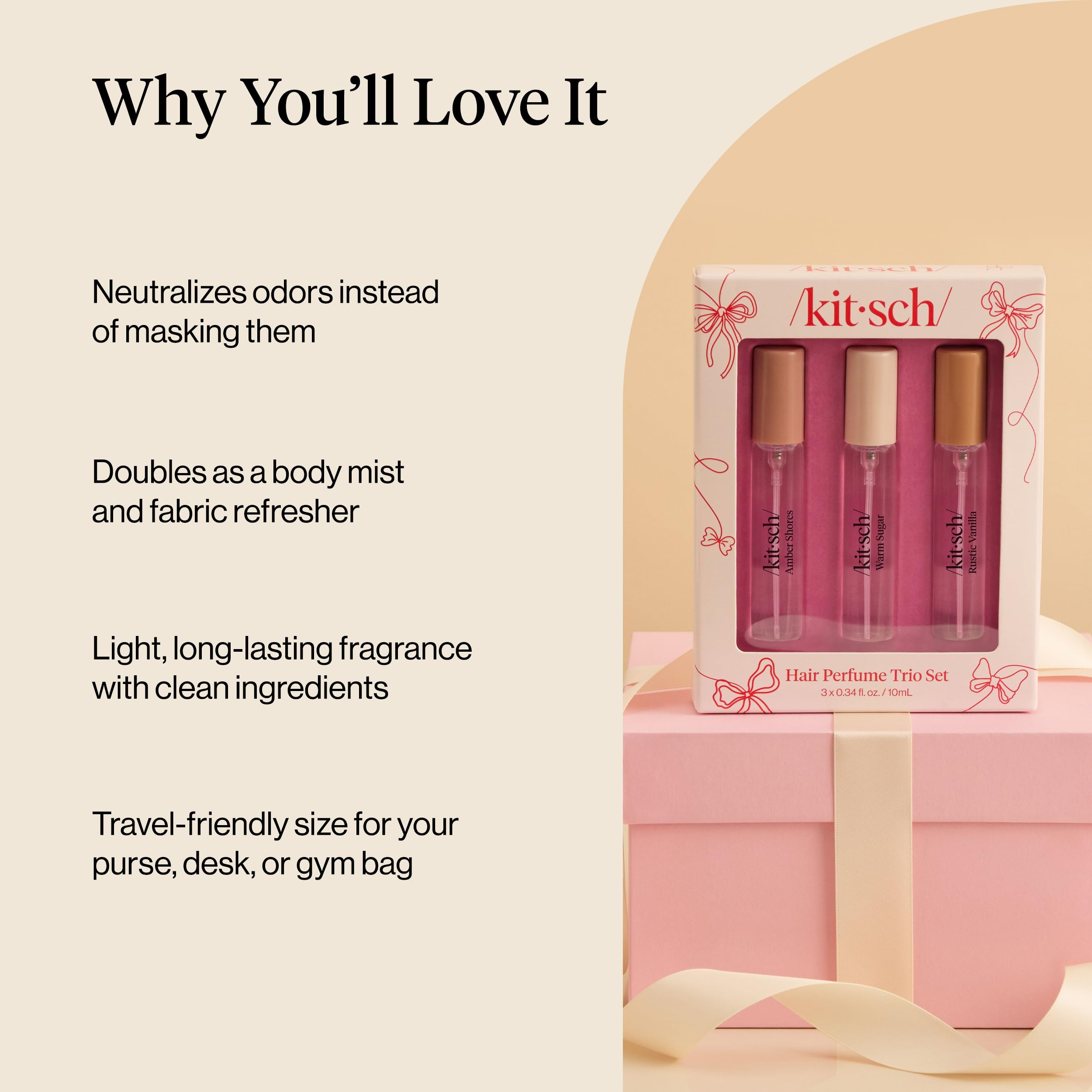 Kitsch Hair Perfume for Women - Trio Set | Clean, Deodorizing & Patented Odor-Eliminating Technology Hair Spray & Body Mist - Freshen Hair, Pillows - Amber Shores, Warm Sugar, Rustic Vanilla, 3x10mL