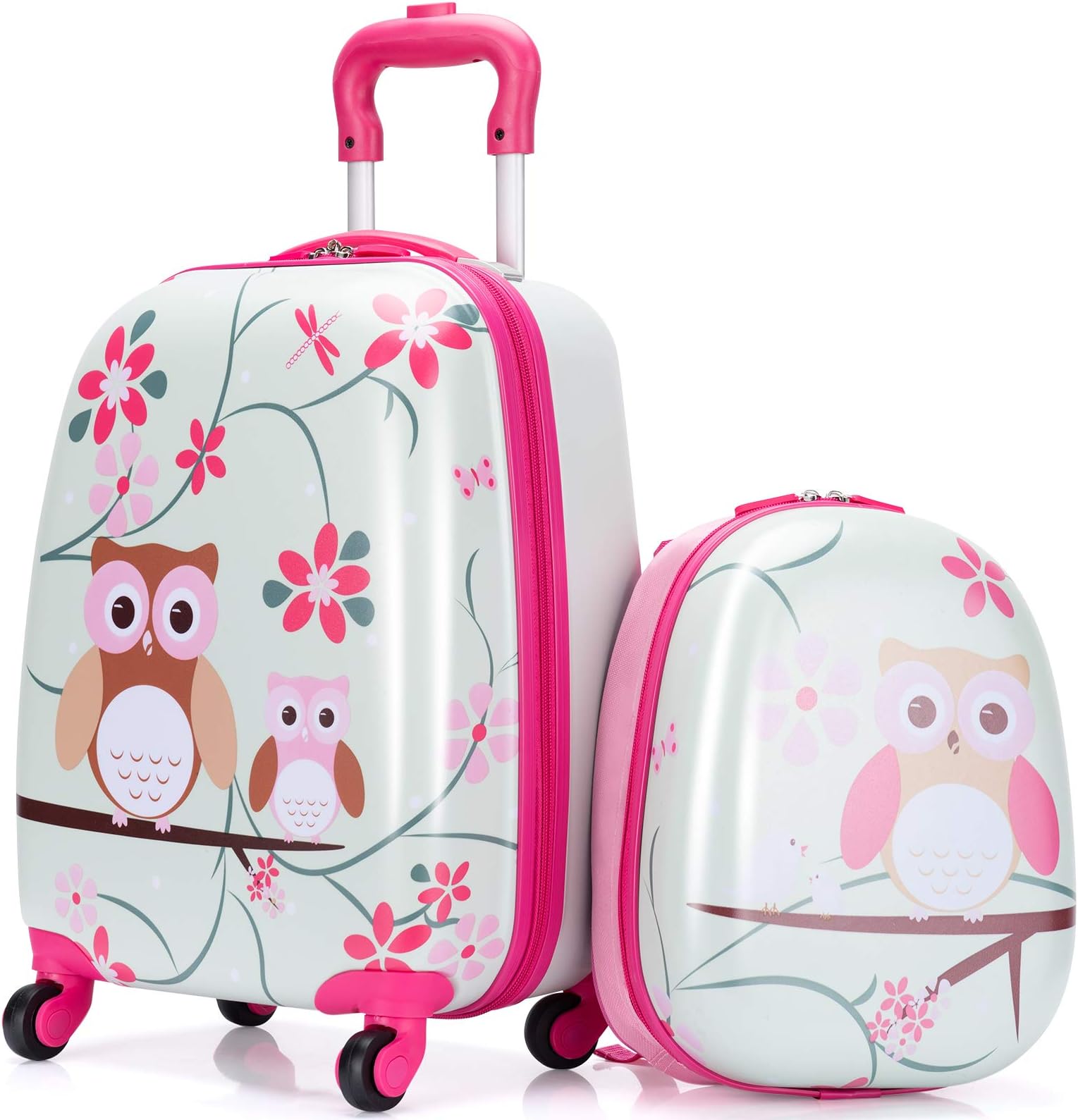 2PCS Kids Luggage Set, Kids Hard Shell Trolley Case with 4 Universal Wheels, Children Backpack and Suitcase for Boys Girls Travel School (Owl, 12"+16")