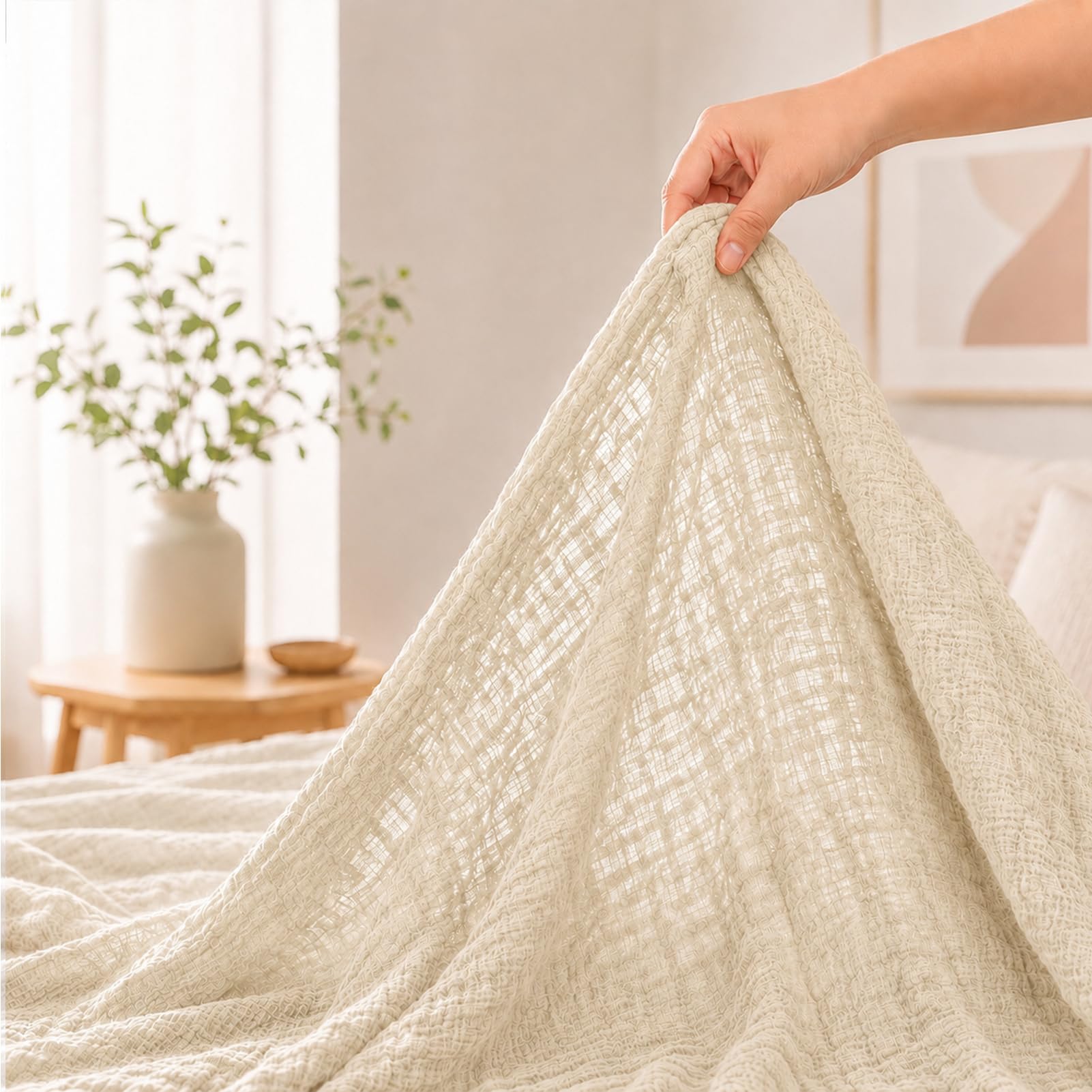 Coperta in mussola, 150 x 200 cm, 6 strati, in 100% cotone, prelavata, morbida e traspirante, leggera coperta estiva per letto e divano (beige chiaro)