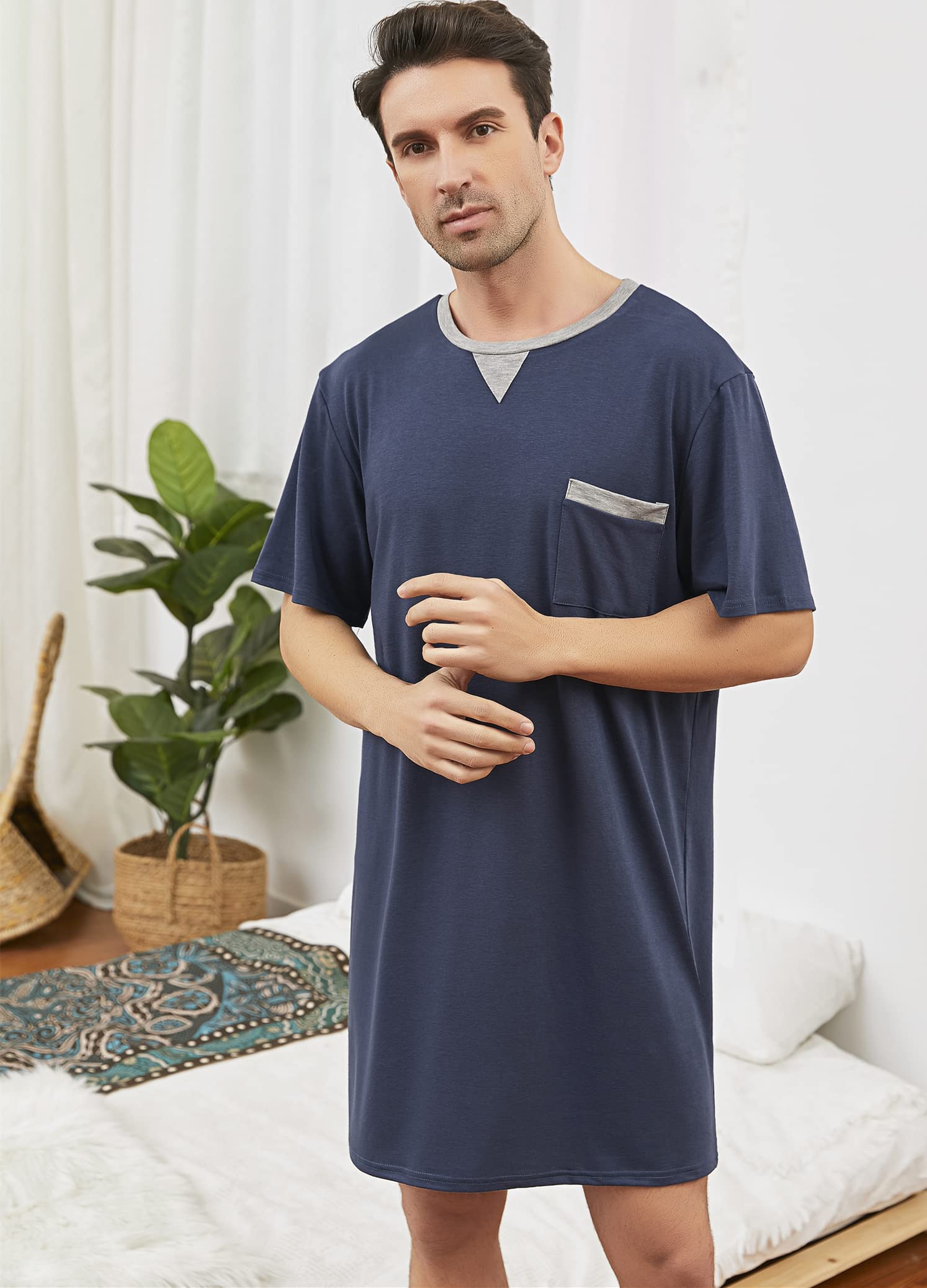 Chemise de Nuit Homme Coton Pyjama Manches Courtes Hauts de Pyjama Homme Tee-Shirt Long Col Rond avec Boutons Vêtements d'Intérieur T-Shirt Grande Taille Douce Confortable