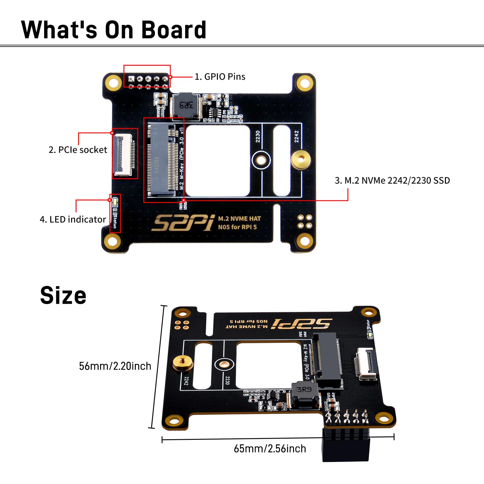 GeeekPi N05 M.2 M-Key NVMe Hat para Raspberry Pi 5, M.2 2242 PCIe a NVMe SSD Shield Pip PCIe Placa periférica Superior para Raspberry Pi 5 4GB/8GB (SSD y Placa Pi5 no están Incluidas)