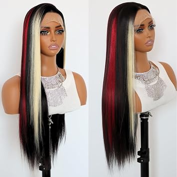 Blonde And Red Lace Front Synthetic Wig Long Straight Black And Blonde Skunk Stripes 134 Lace Front Wigs Glueless Heat-resistant Wig For Women24Inch