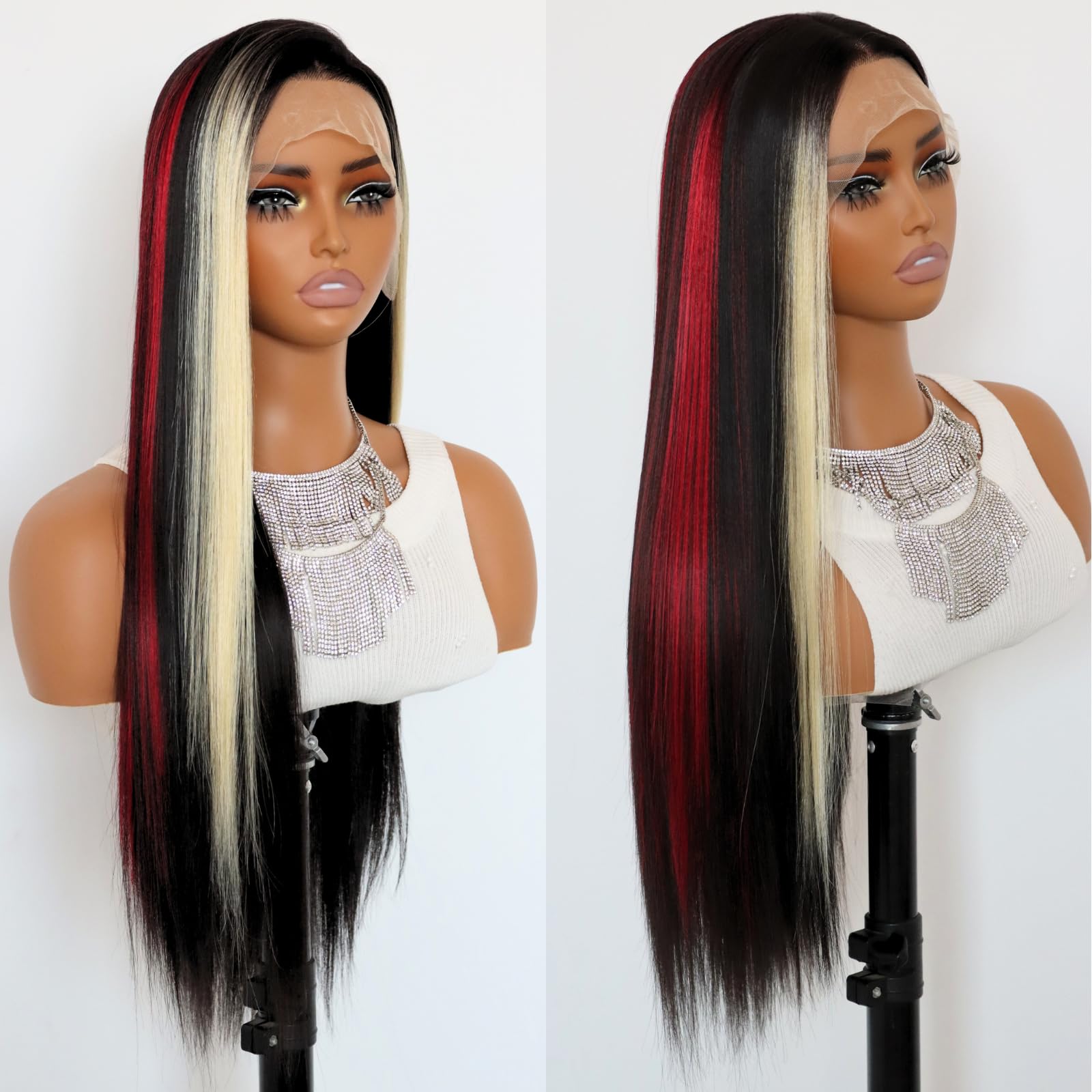 SALLYWELL Blonde And Red Lace Front Synthetic Wig Long Straight Black And Blonde Skunk Stripes 13×4 Lace Front Wigs Glueless Heat-resistant Wig For