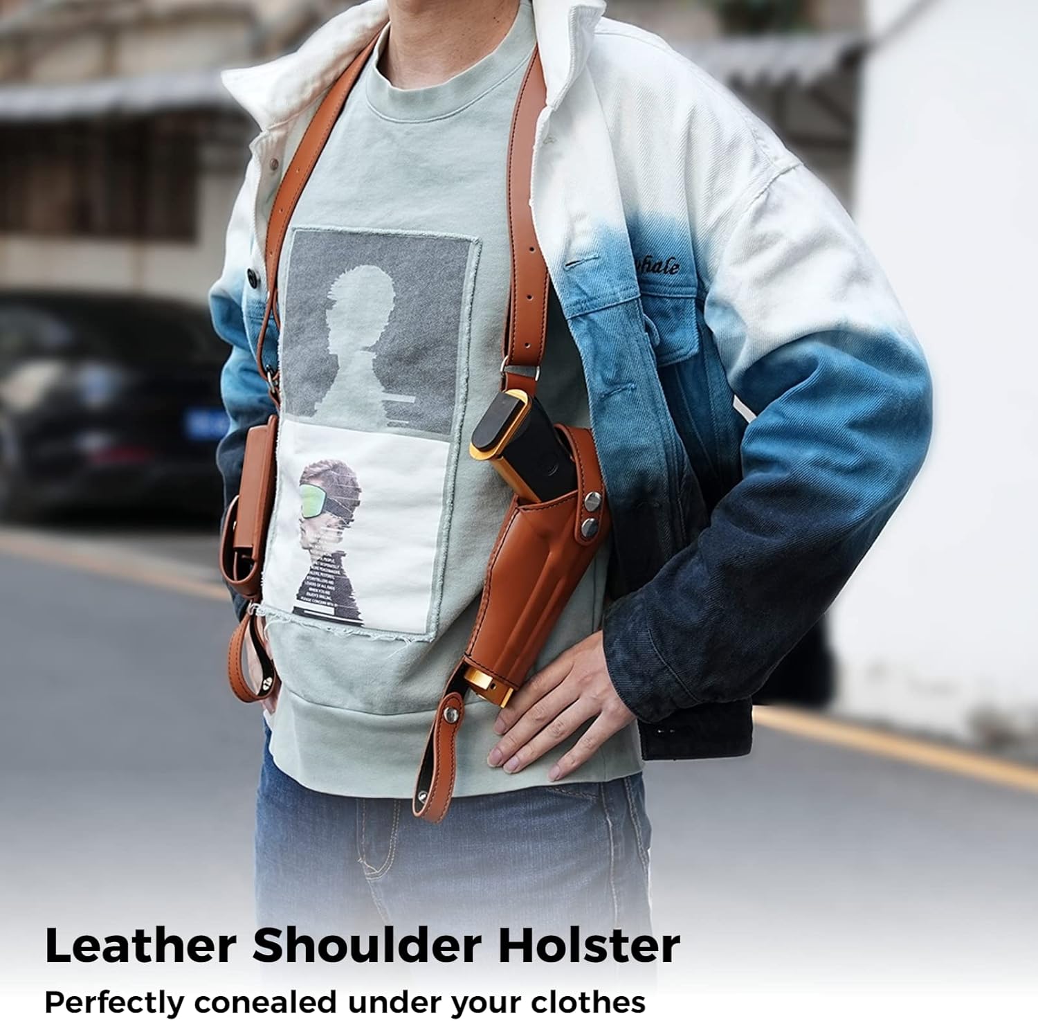 Leather Shoulder Holster fit Glock 1911, Shoulder Holster for Concealed Carry with Double Magazine Holder Fit Glock 1911 and Most Kinds of Pistols