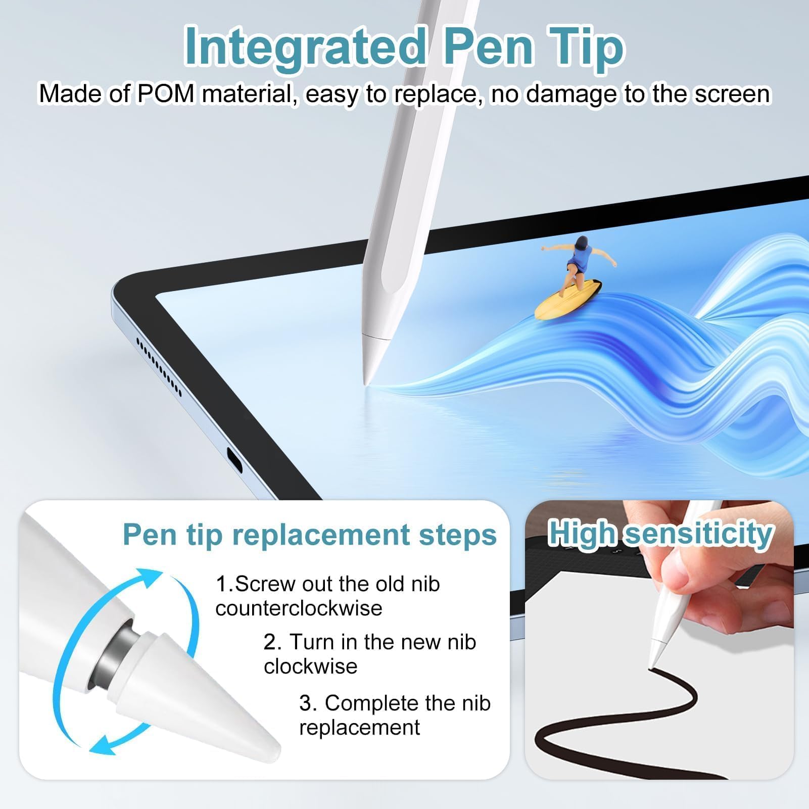 Stylus Pen per Touchscreen Android iOS, Stylus Pencil per Tablet e Smartphone, Penna Universale per Tablet Compatibile con Sam sung/i Phone, Sensibilità all'inclinazione,con 4 punte di ricambio