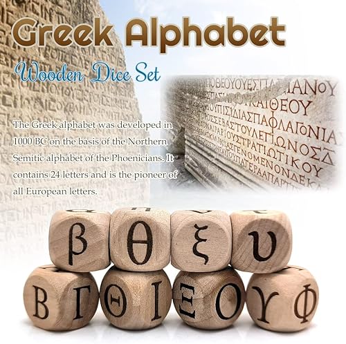 Miniatura 2 de Juego de dados de madera del alfabeto griego, 24 letras griegas talladas, cubos rodantes para juegos de fiesta de enseñanza (minúscula+mayúscula, 8