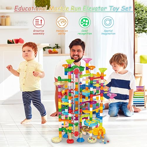 Miniatura 4 de Marble Run con elevador motorizado, 310 piezas de bloques de construcción de juegos de laberinto, juguetes con canicas de plástico brillantes de