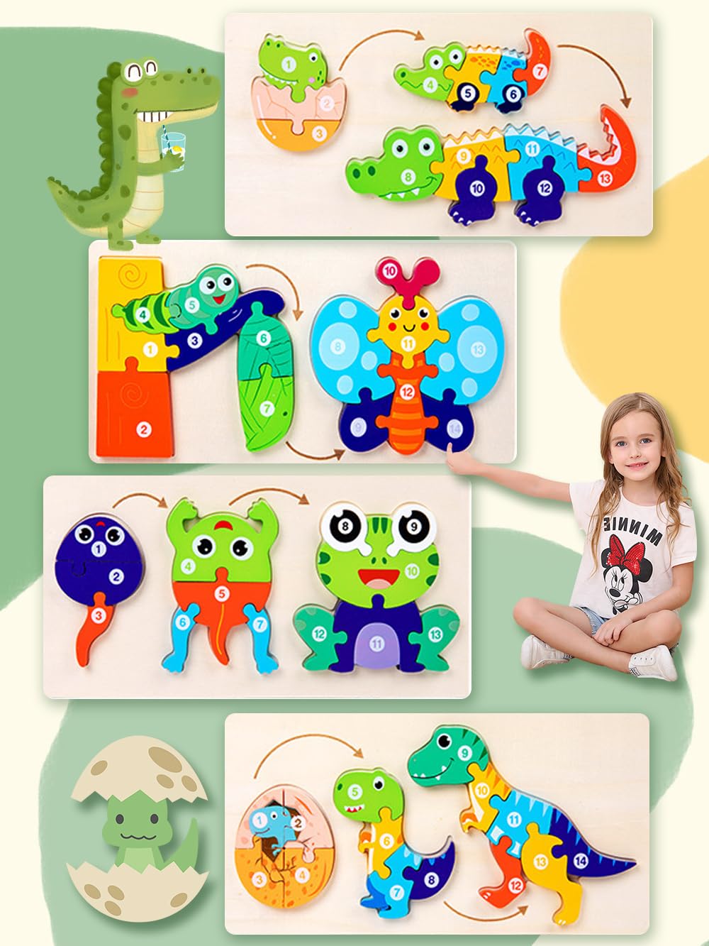 Wooden Puzzles for 1 2 3 4 5 Year Olds 4 Sets Animals Life Cycle Toddlers Puzzle -Dinosaur, Butterfly, Frog, Crocodile, Montessori Educational Toys - Birthday Gift Boys Girls