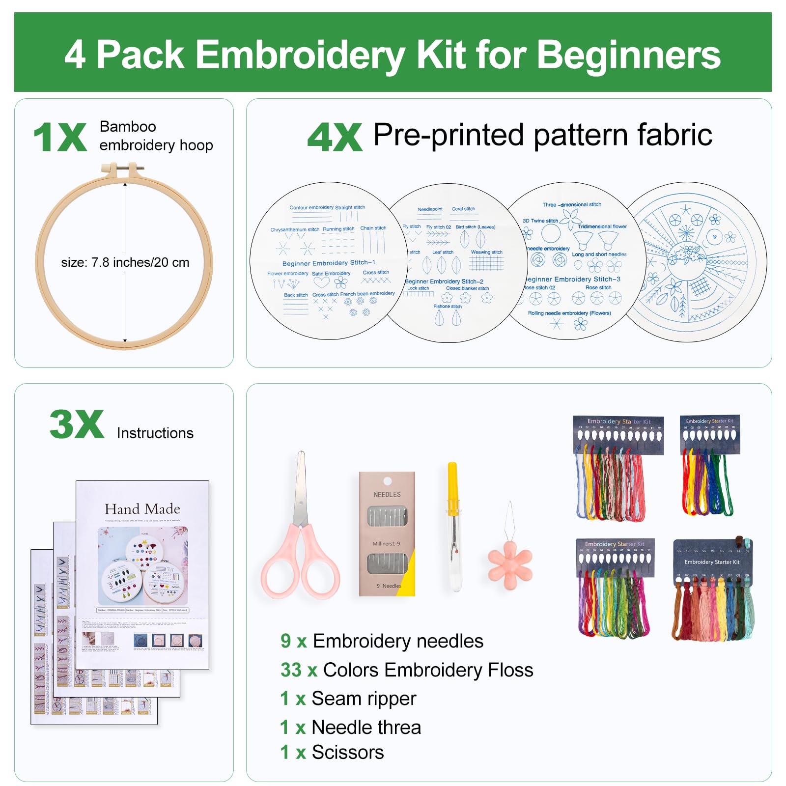Snapklik.com : 4 Sets Embroidery Stitches Practice Kit, Embroidery Kit ...